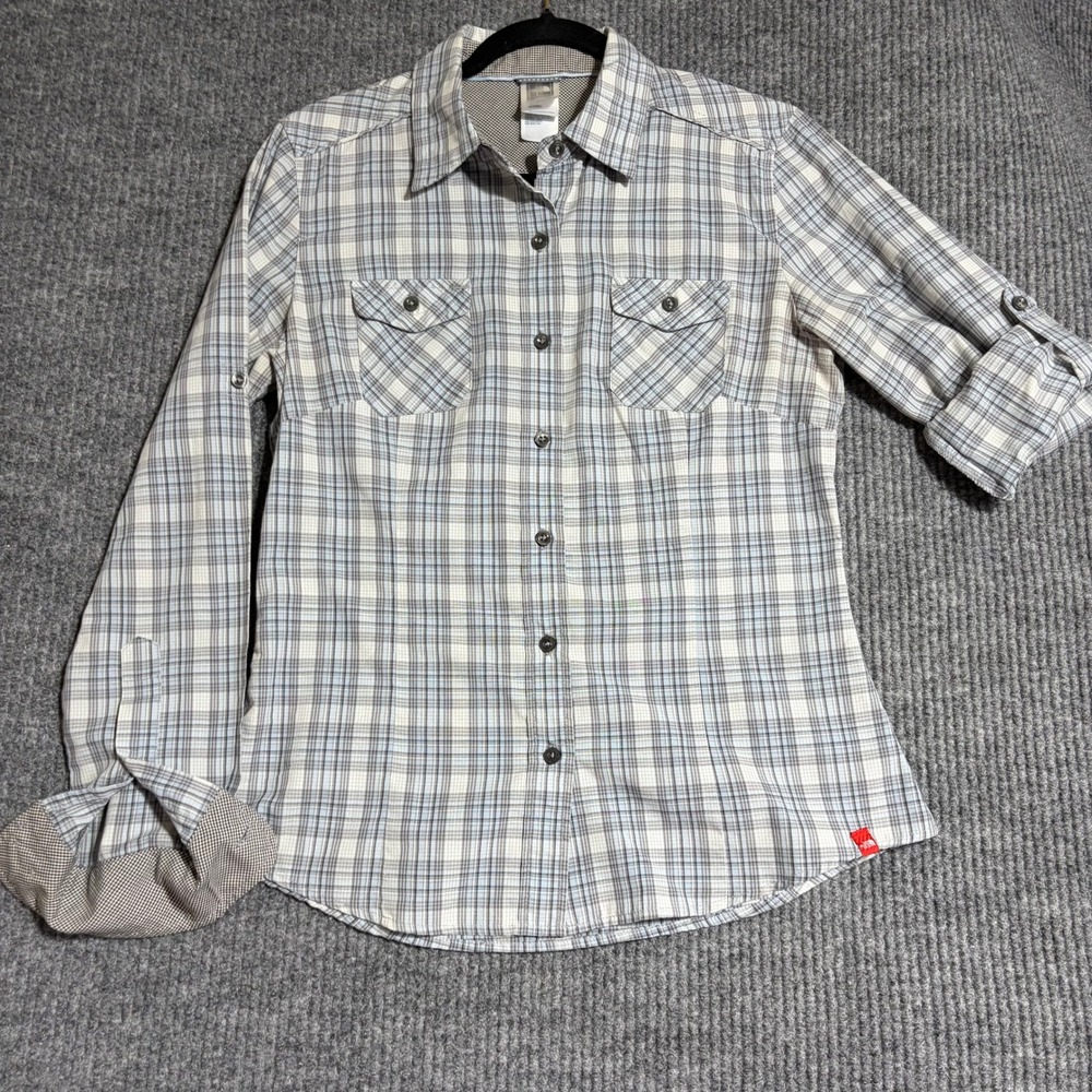 The‎ North Face Womens Plaid Roll Tab Hiking Shirt Blue Gray Medium Embroidered